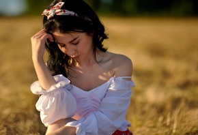 nature, field, brunette, women outdoors, white blouse, model, grass, barefoot, grass, red skirt, 