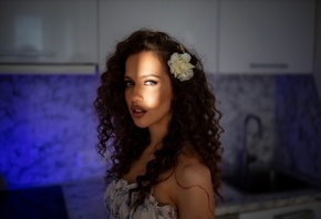 Tatyana Kalish, model, curly hair, red lipstick, brunette, kitchen, wavy hair, dress, women indoors, flower in hair, looking at viewer