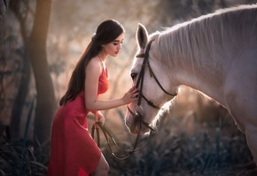 Natalia arantseva, horse, outdoors, brunette, red dress, model, beauty, white