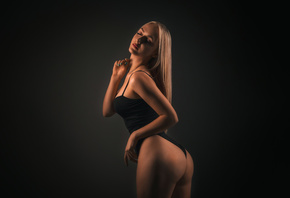 black bodysuit, simple background, blonde, , model, ass, women indoors, hips, closed eyes, red lipstick, hips