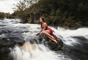 Robert Zazin, red dress, brunette, , women outdoors, model, river, water, nature, sky, clouds
