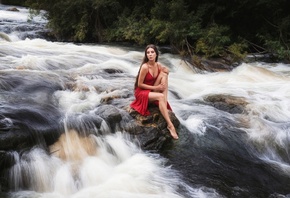 Robert Zazin, red dress, brunette, , women outdoors, model, river, water, nature