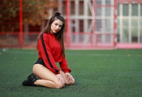 synthetic grass, brunette, women outdoors, sportswear, model, , ass, sneakers, kneeling, red lipstick