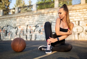 basketball, ball, brunette, , sneakers, model, graffiti, makeup, on the floor, women outdoors, bodysuit, , , , sky