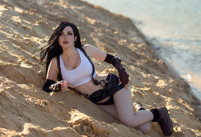 Tifa Lockhart, Final Fantasy, Final Fantasy VII, brunette, , women outdoors, ass, black panties, model, Final Fantasy VII: Remake, video game girls, cosplay, video games, miniskirt, black miniskirt, white tops