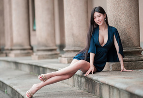 asian, beauty, sexy, long hair, cleavage, sitting