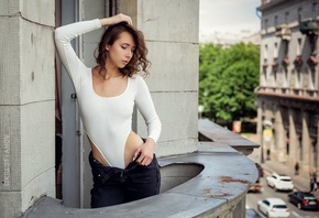 Evgeniy Krestyanov, bodysuit, balcony, , open jeans, women outdoors, hips, model, jeans, white bodysuit, brunette