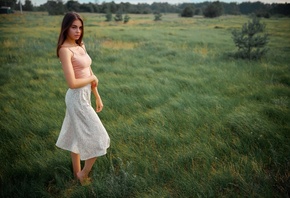 Sergey Bogatkov, model, , women outdoors, nature, skirt, grass, field, brunette, barefoot