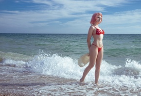 Sakura Haruno, model, cosplay, Naruto, red dress, hips, red bikini, belly button, ass, beach, sky, clouds, nature, women