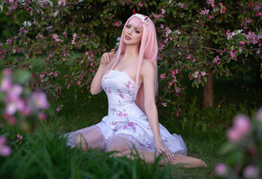 Darling in the FranXX, Zero Two -Darling in the FranXX, pink hair, women outdoors, dress, , model, plants, nature, cosplay, anime girls, anime, flowers