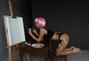 bent over, pink hair, wigs, women, , ass, black panties, black top, easel, women indoors, chair, canvas, hips, model, table