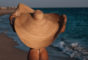 beach, tan lines, straw hat, women, , ass, thong, rear view, sky, women outdoors, hips, model, black thong