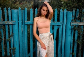 Sergey Bogatkov, skirt, brunette, plants, women outdoors, model, , tattoo, looking at viewer, face