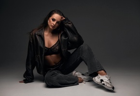 Alexander Skripnikov, women indoors, brunette, studio, black lingerie, , model, jeans, black bra, hips, jacket, belly button, open jeans, black panties, leather jacket, on the floor, sneakers