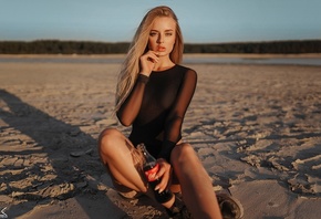 Sergey Freyer, model, ass, , blonde, sky, women outdoors, black bodysuit, Coca-Cola