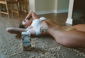 white bra, model, ass, women indoors, , brunette, bottomless, hips, tattoo, on the floor, chair, closed eyes