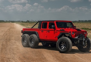 Jeep Gladiator, Red, Mopar, 6 by 6 wheels, outdoors, dirt