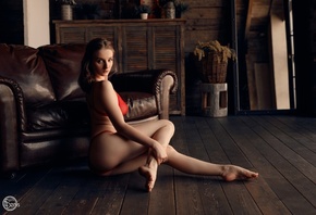 Denis Egorov, model, red lingerie, couch, ass, wooden surface, women, red bra, hips, , women indoors, red panties, on the floor, looking at viewer, brunette