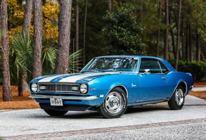 1968, blue, camaro, muscle, classic, z28, white stripes