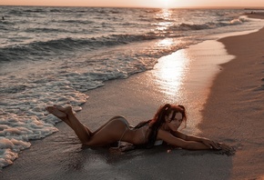 looking at viewer, redhead, beach, twintails, ass, bikini, , hips, women outdoors, model, nature, sky