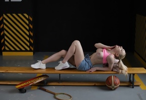 boobs, blonde, tennis rackets, tank top, women indoors, , hips, pink ...