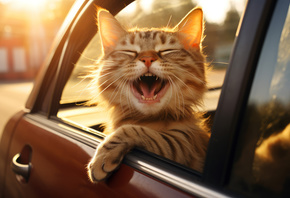 Cat, Summer vacation, car