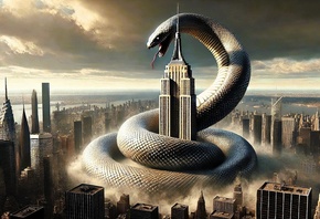 giant snake, New York City, skyscraper, surreal, urban fantasy, cityscape, monster, fantasy creature, epic, surrealism