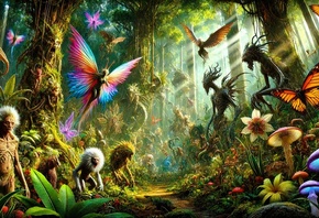 enchanted forest, fantasy creatures, colorful butterflies, magical plants, mystical atmosphere, surreal, fairytale, forest spirits, glowing mushrooms, nature