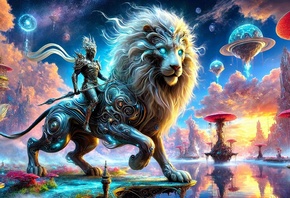 warrior, giant lion, fantasy landscape, magical world, floating islands, su ...