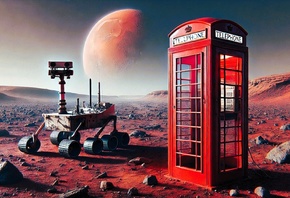 Mars, rover, red phone booth, surrealism, space exploration, alien landscape, British icon, Martian surface, distant planet, sci-fi