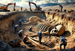 archaeology, excavation, giant skeleton, discovery, ancient bones, dig site, scientists, historical, mystery, desert