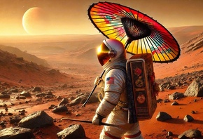 astronaut, Mars, space exploration, parasol, surreal, futuristic, desert landscape, red planet, sci-fi, sunset