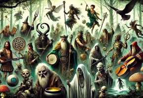 Celtic mythology, mystical beings, druids, forest gathering, folklore, wiza ...