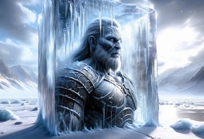 frozen warrior, ice block, mythical figure, winter landscape, fantasy art,  ...