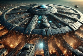 colossal spaceship, alien mothership, futuristic cityscape, sci-fi architec ...