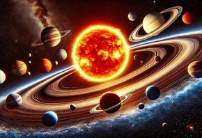 solar system, planets, glowing sun, cosmic alignment, outer space, galaxy b ...