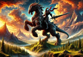 fantasy warrior, armored horse, epic battle, mythical landscape, mountains  ...