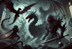 dark fantasy, eerie dungeon, demonic creatures, glowing red eyes, shadowy f ...