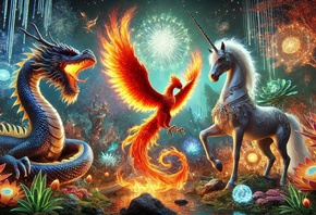 fantasy creatures, dragon, phoenix, unicorn, mystical battle, vibrant color ...