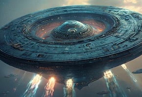 cyberpunk UFO, futuristic spaceship, hovering in space, alien spacecraft, sci-fi atmosphere, digital artwork, circular design, advanced technology, cosmic scene, cinematic detail