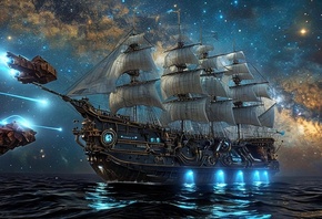 steampunk ship, space sailing, starry sky, cosmic voyage, futuristic sails, comet trails, nautical sci-fi, celestial exploration, ocean meets space, glowing blue engines