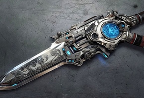 steampunk dagger, futuristic weapon, intricate blade, blue LEDs, ornate han ...