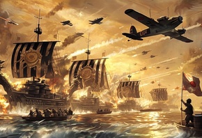 orld War II, naval battle, blazing ships, historical warfare, fighter plane ...