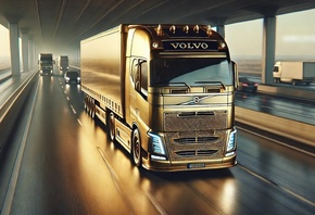 Volvo, truck, golden, highway, mystical, futuristic, transportation, gothic, overpass, night