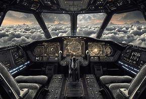 cockpit, futuristic, holographic displays, technology, controls, flight deck, scenic view, clouds, sci-fi, advanced