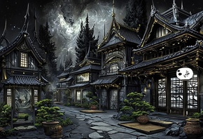 Japanese architecture, neo-futuristic, nighttime, fantasy, gothic, spires,  ...