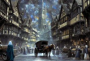 medieval, street, gothic, neo-futurism, cosmic, architecture, horse carriage, night scene, market, mysterious