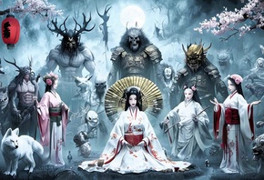 Japanese mythology, folklore, demons, samurai, dragons, art, traditional, m ...