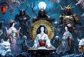 Japanese mythology, folklore, demons, samurai, dragons, art, traditional, mythology, intricate, cultural