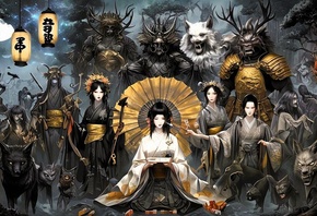 Japanese mythology, folklore, demons, samurai, dragons, art, traditional, m ...